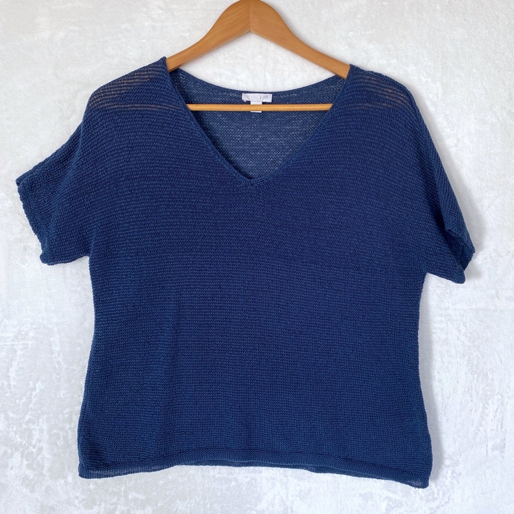 J Jill‎ Navy Blue V Neck Short Sleeve Knit Top Womens Medium Cotton Blend